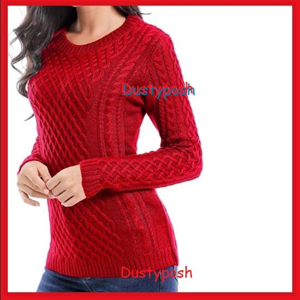 Red classic cable knit sweater crew neck soft XS Cozy Diamond Cozy school girl